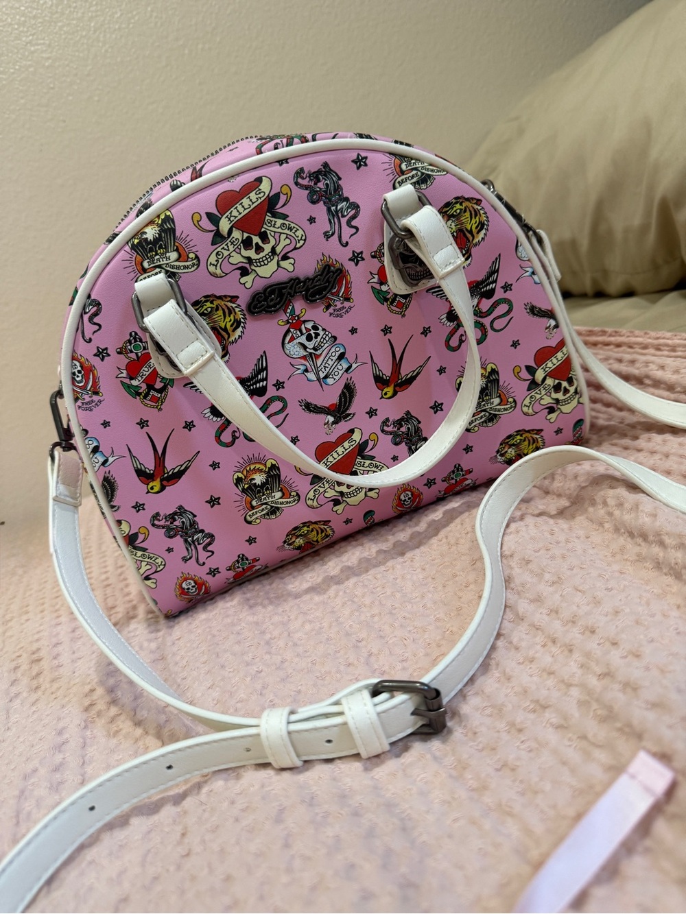 Ed Hardy Pink Tattoo Print Dome Satchel
